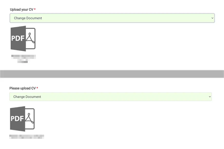 Screenshot of a job application form that requests uploading a CV twice.