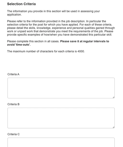 Screenshot of job application form with vague labels that say Criteria A, Criteria B, and so on.