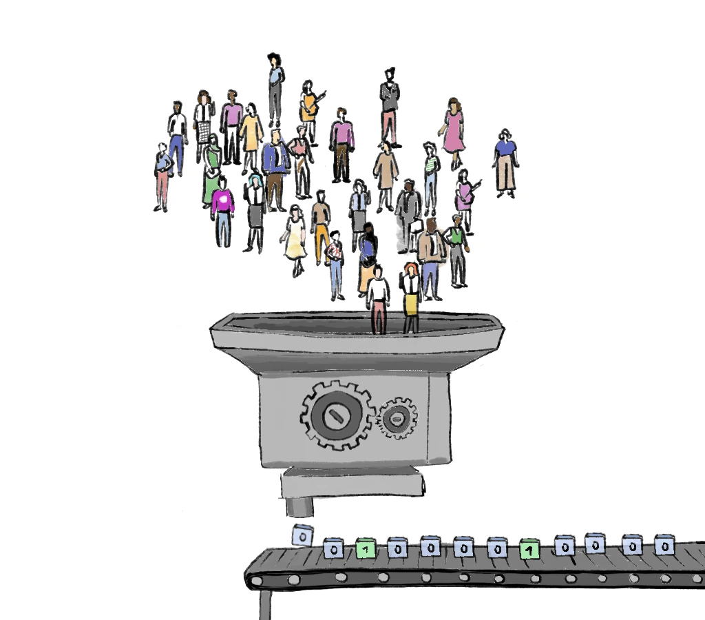 Illustration of a group of people going into a machine that converts them into cubes of ones and zeroes as a metaphor of the job application process.