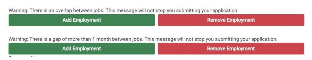 Screenshot of warning messages that appear on job applications adverting the user of gaps in their resumes and overlap between jobs