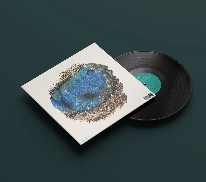 Vinyl mockup with an abstract blue drawing cover art